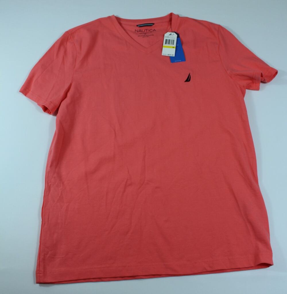 Nautica Mens M Sugar Coral Performance Tee V-Neck NWT Stretch Short Sleeve